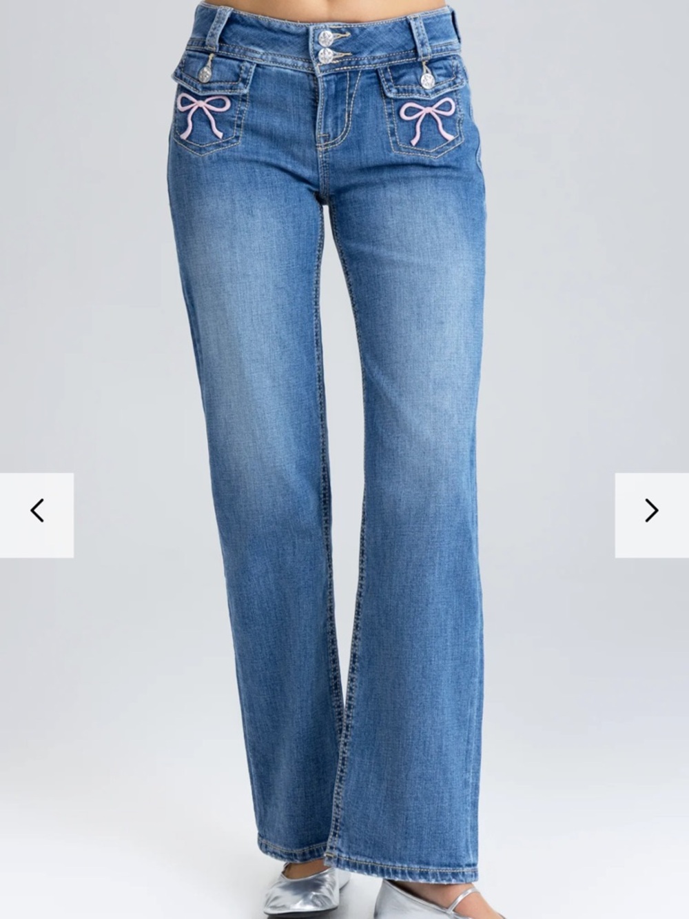 Women’s Miss Me Heavenly Lucy Slim Wide Leg Blue Jeans with Pink Bow Accents